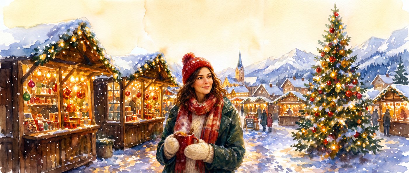 Verschneiter Weihnachtsmarkt mit beleuchteten Hütten, eine Frau mit rotem Becher Glühwein