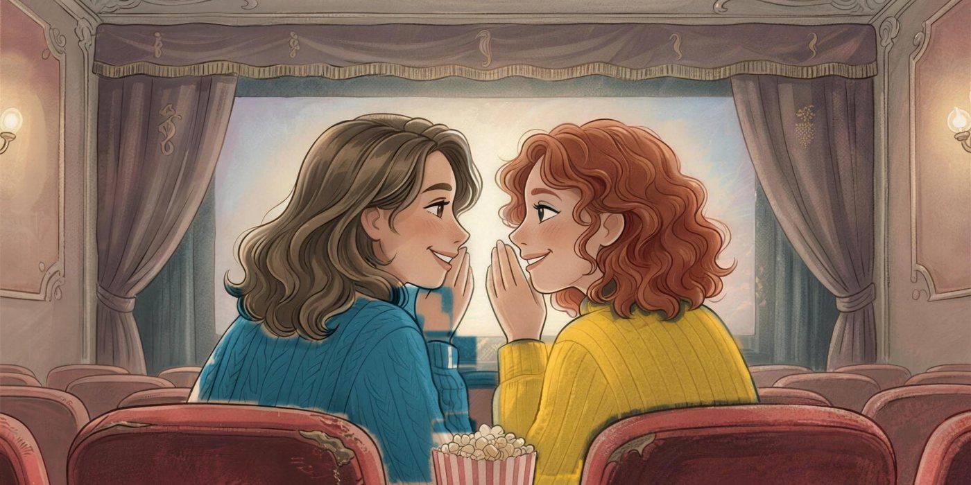 Zwei Frauen tuscheln in der ersten Reihe eines alten Kinos, zwischen ihnen eine Tüte Popcorn