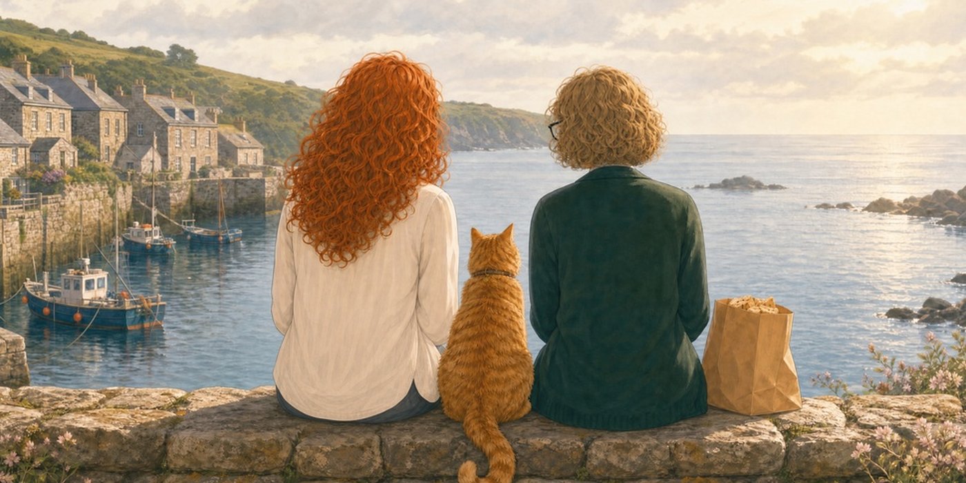 Zwei Freundinnen und ein roter Kater sitzen auf einer Hafenmauer in Cornwall und schauen aufs Meer, daneben eine Tüte Shortbread